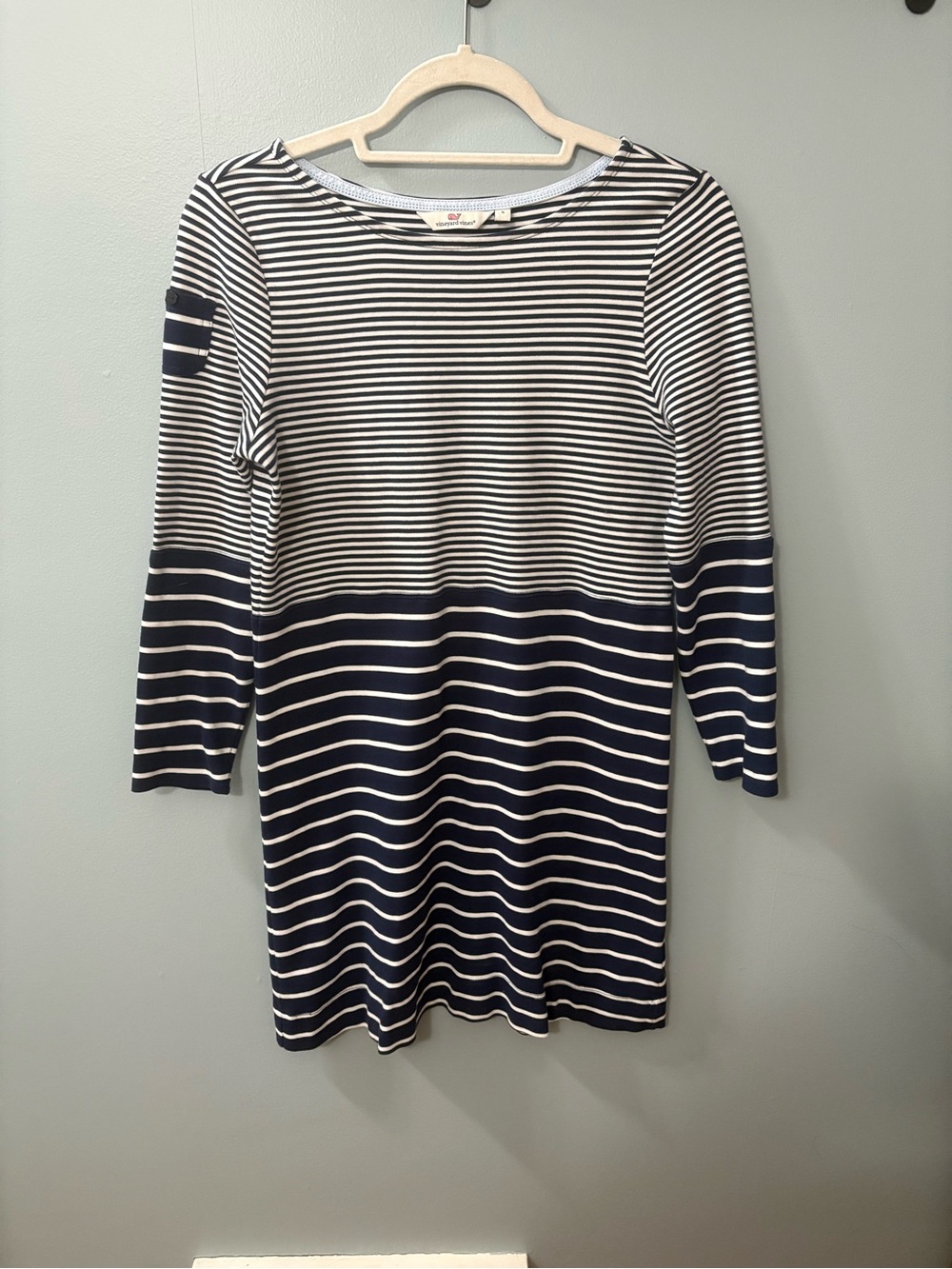 Vineyard Vines Navy and White Long-Sleeve Striped Knit Dress